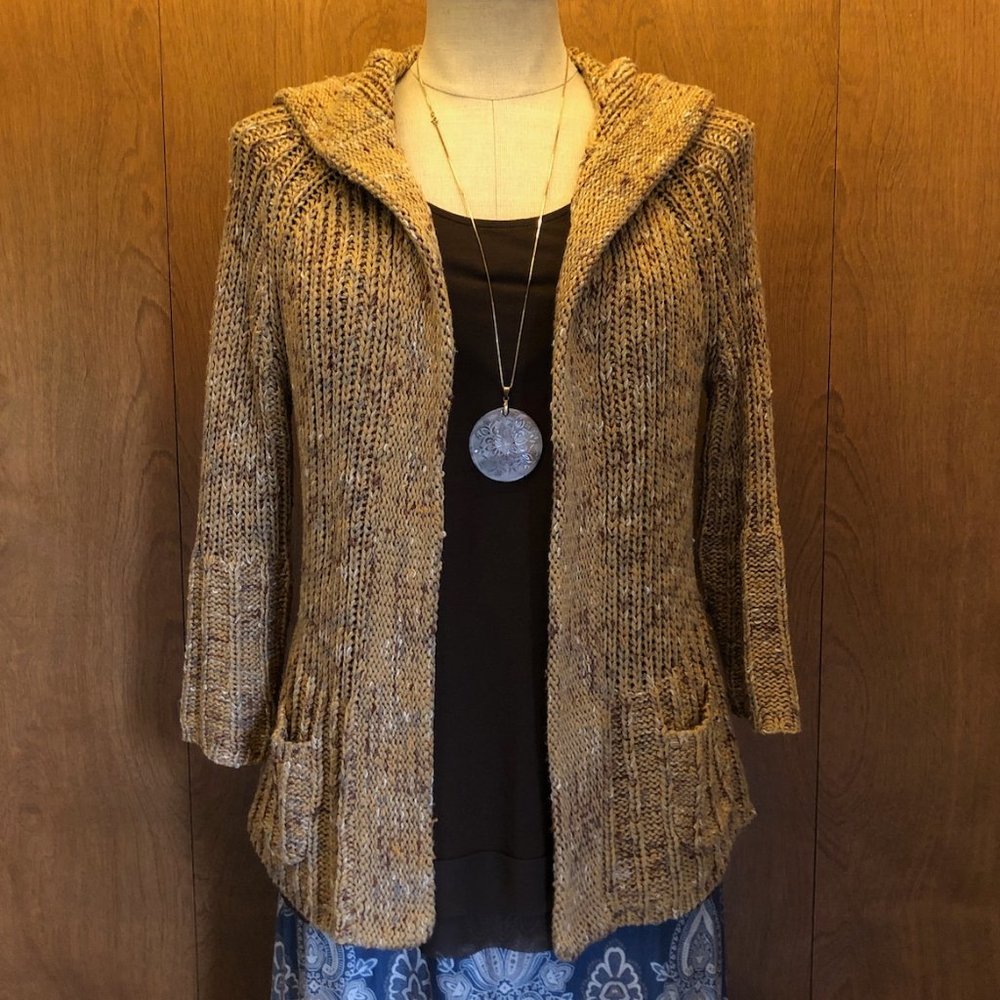 L "Vertigo Paris" Gold, Open Front Hooded Pocketed Nubby Sweater